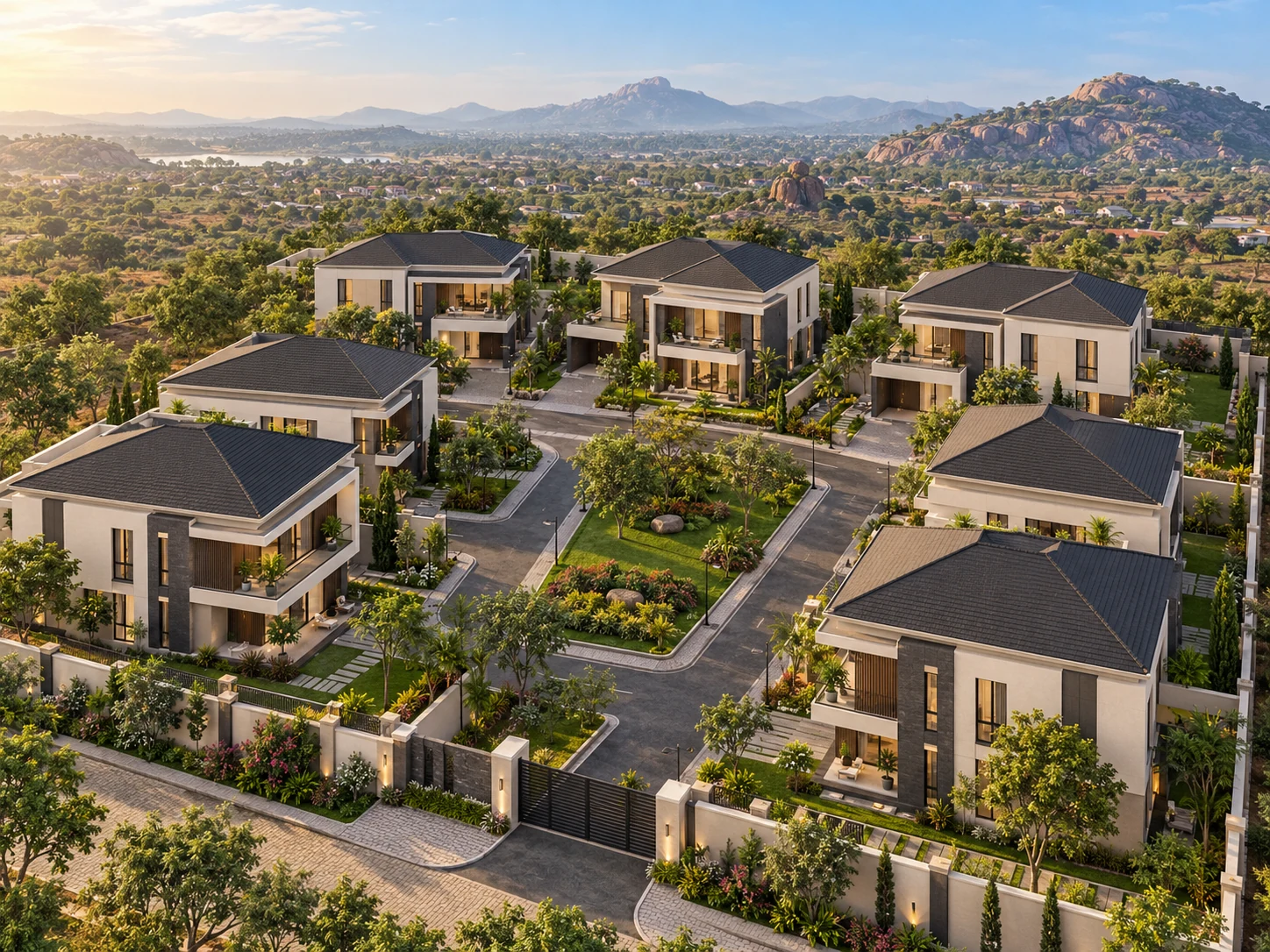 Illustrative overview of a residential development with detached homes and landscaped common space