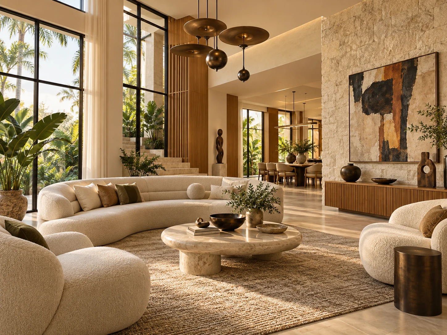 Illustrative contemporary interior with considered materials, natural light and warm finishes
