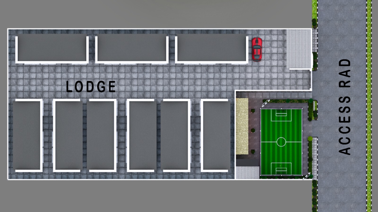 Top-down design visualisation with lodge blocks and a football court beside the access road