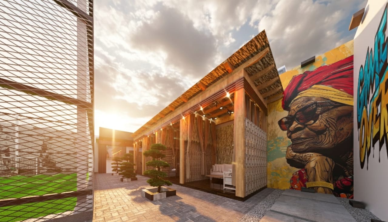 Warmly lit timber-screened lounge and mural wall beside an enclosed football court