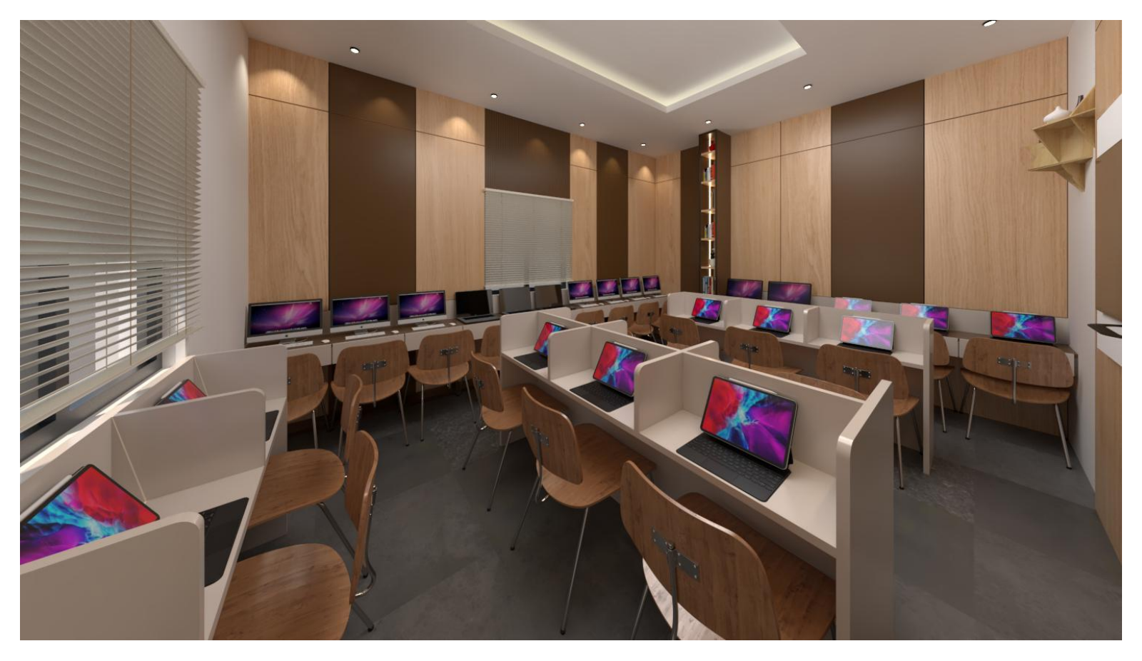 Workspace interior with perimeter computer desks, central workstations and warm wall finishes