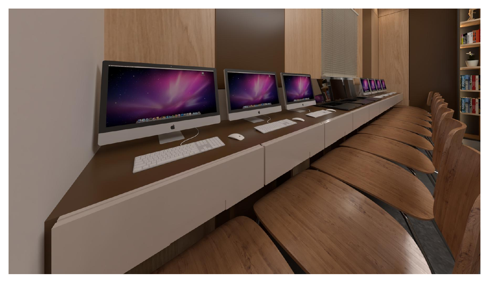 A row of computer workstations with timber seating and neutral cabinetry