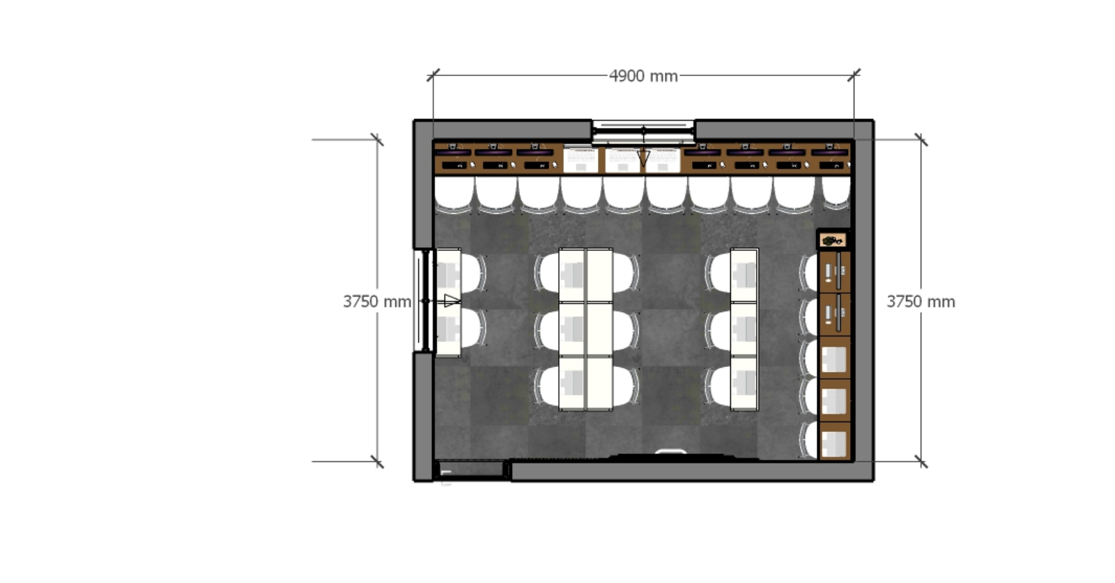 Dimensioned workspace floor plan with perimeter and central seating