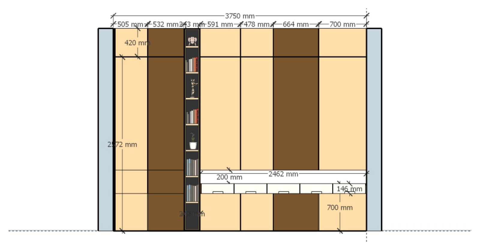 Dimensioned feature wall elevation with warm panels and shelving