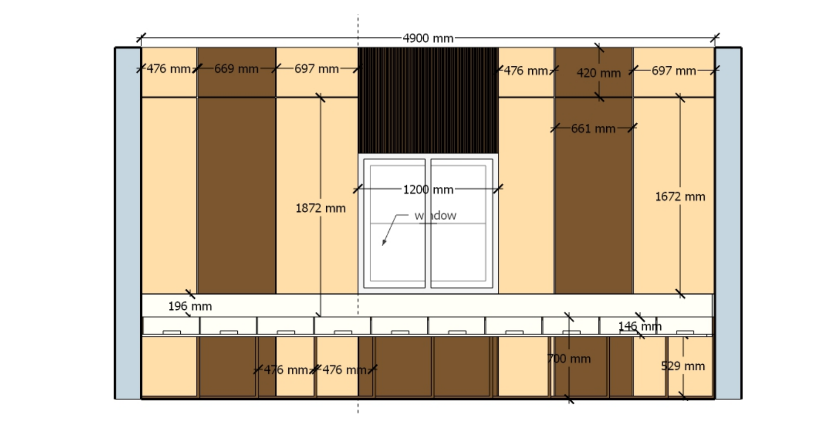 Dimensioned window wall elevation showing cabinetry and wall finishes