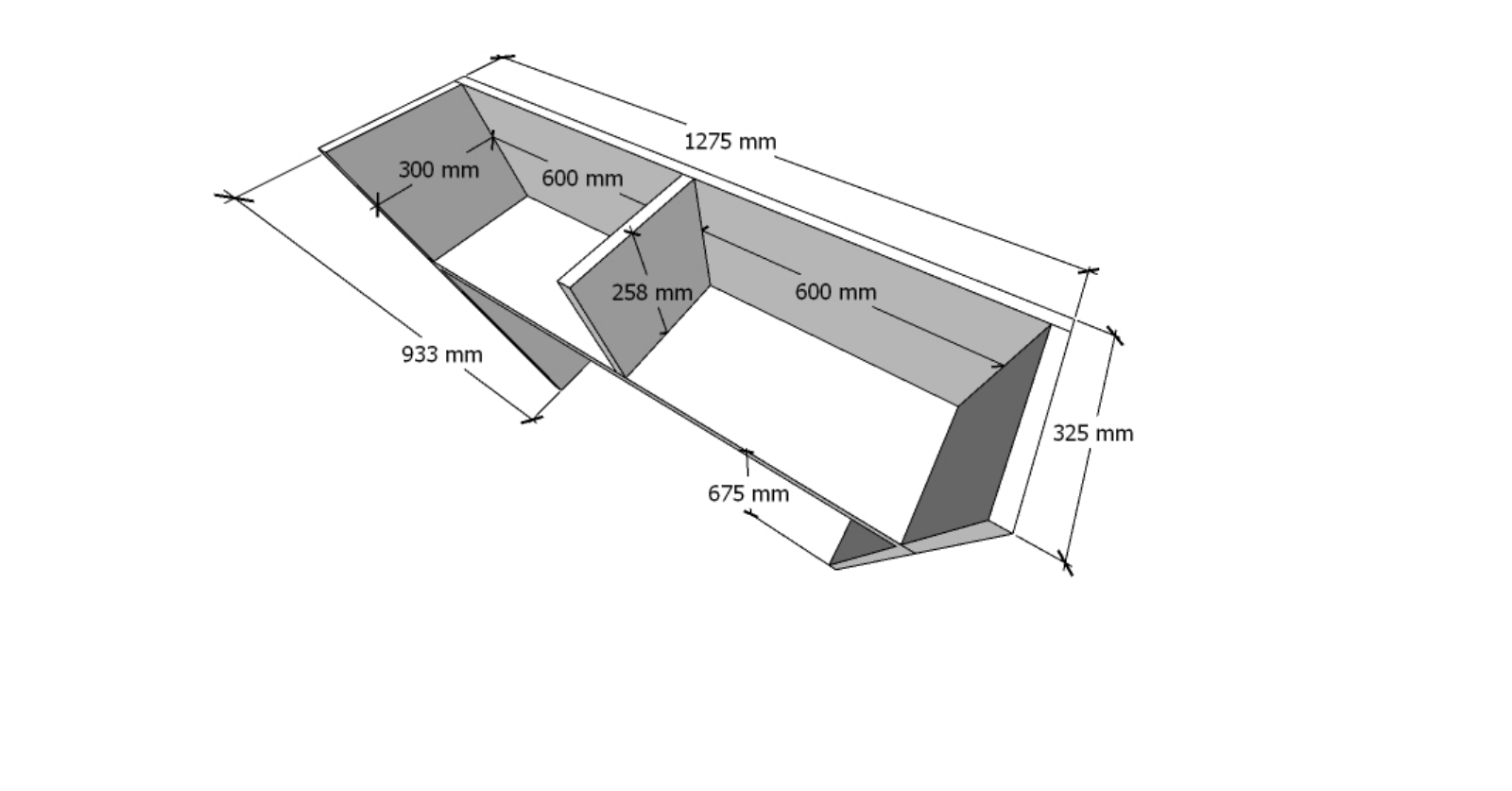 Dimensioned perspective detail of a workstation joinery unit